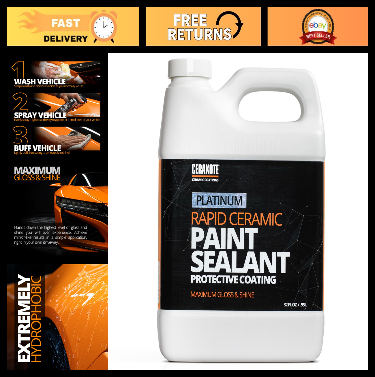 32 oz Ceramic Paint Sealant – Hydrophobic Coating for Cars – High Gloss & Shine,