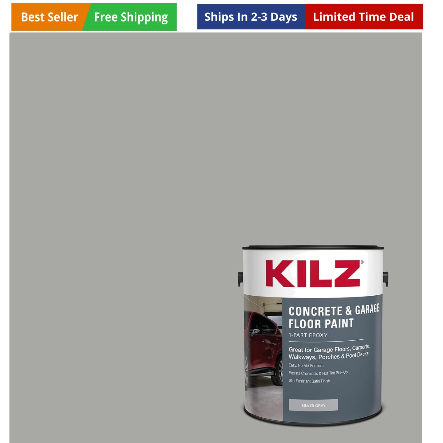 1-Part Epoxy Acrylic Concrete & Garage Floor Paint, Silver Gray, Satin, Inter…
