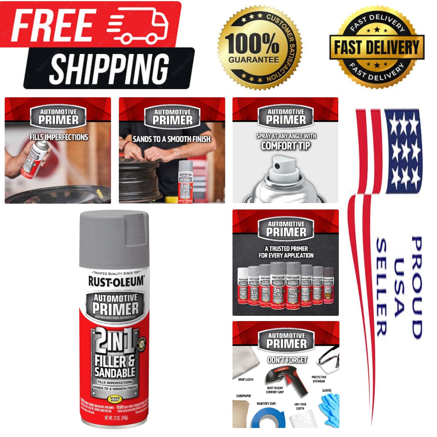Rust-Resistant 2-in-1 Filler & Sandable Primer Spray, 12 oz – Gray for Auto Use