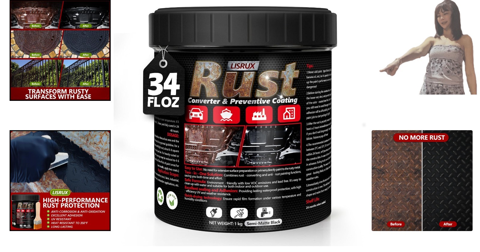 Semi-Gloss Black Rust Converter, 34 Fl Oz – Easy Apply & Clean Water-Based Paint