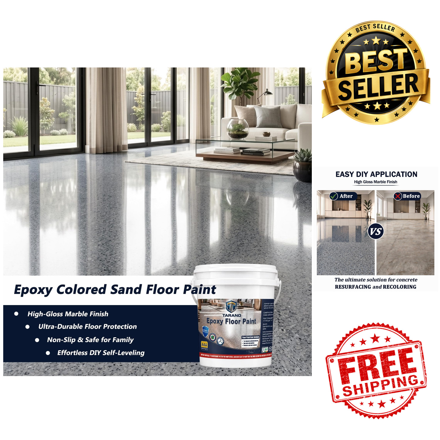 Epoxy Colored Sand Floor Paint Self-Leveling Concrete Garage Patio Non-Slip 35oz