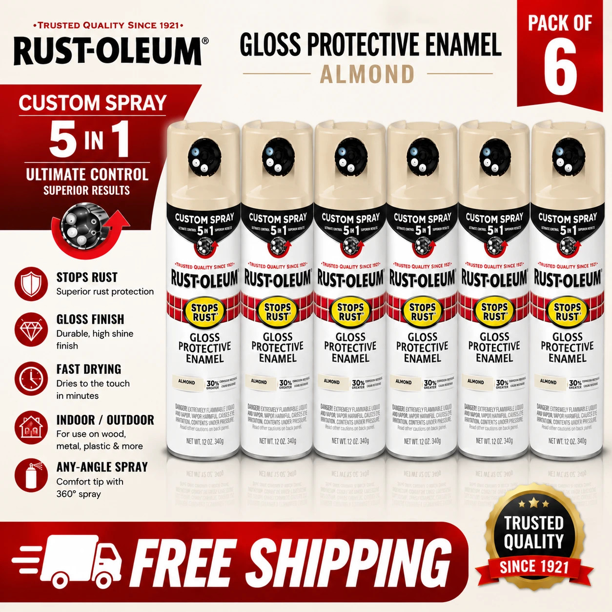 6 PACK Rust-Oleum Custom Spray 5-in-1 Almond 12 oz Adjustable Spray