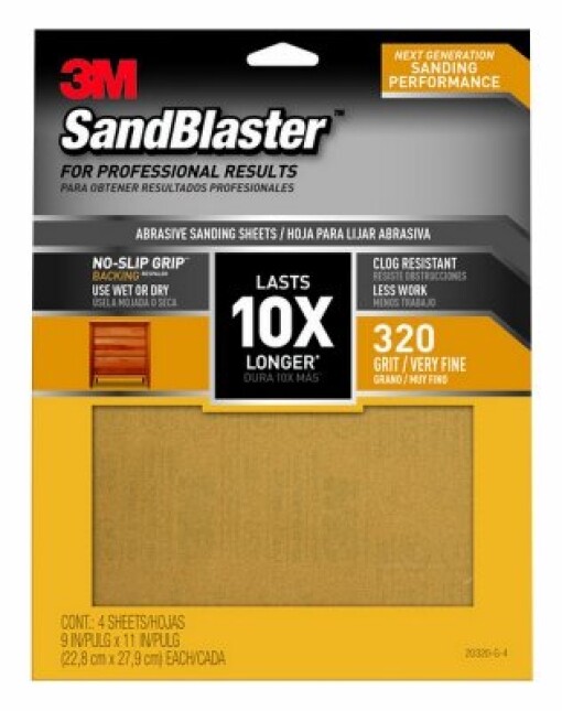 3M 20320-G-4 9″ X 11″ SandBlaster 320 Grit Sandpaper With NO-SLIP GRIP Backing 4