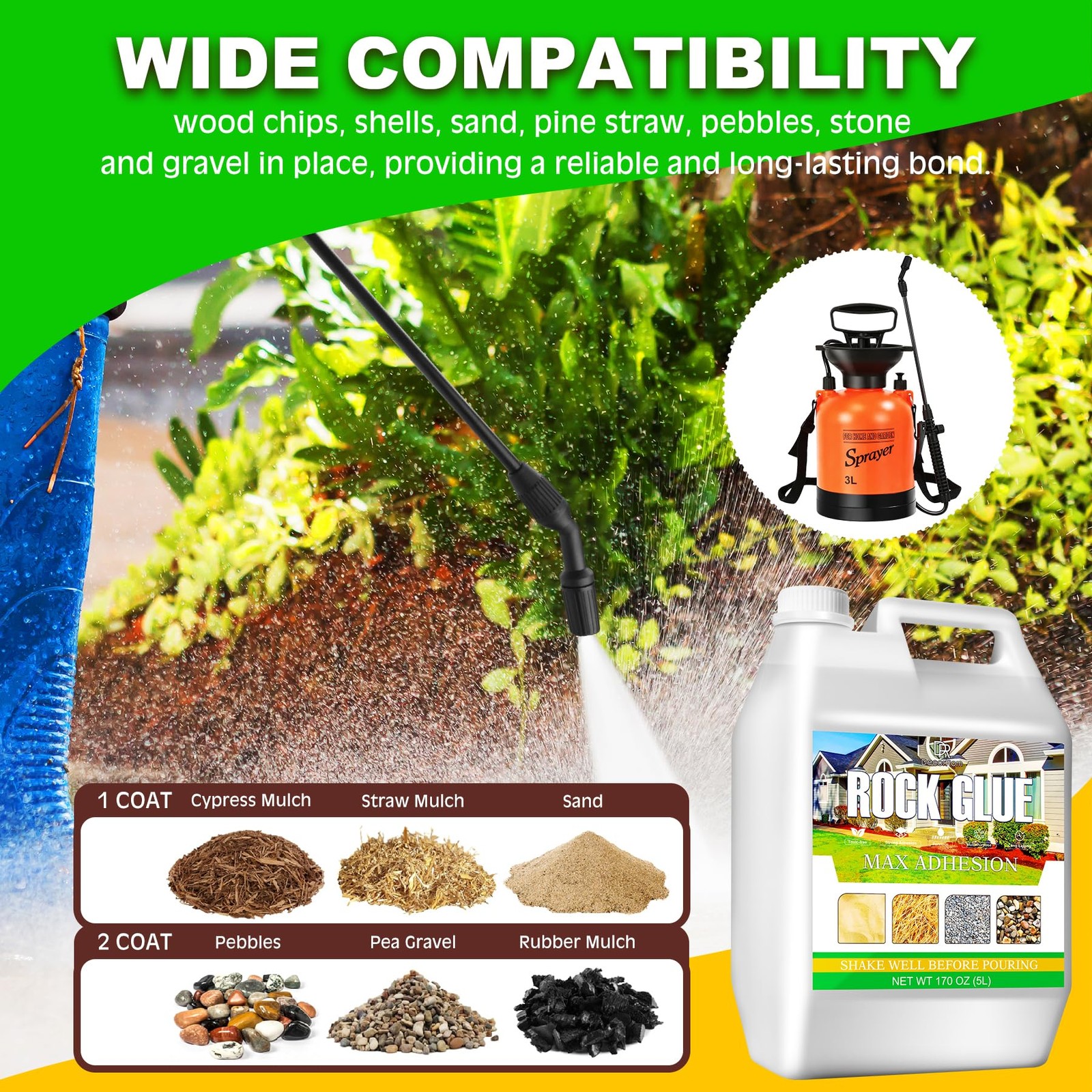 Mulch Glue for Landscaping with Sprayer, 1.3 Gallon Rock Glue, Transparent