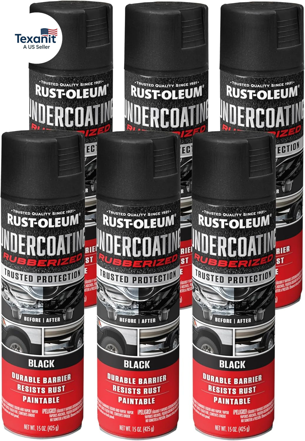 248657-6PK Stops Rust Undercoating Spray, 15 Oz, Rubberized Black, 6 Pack