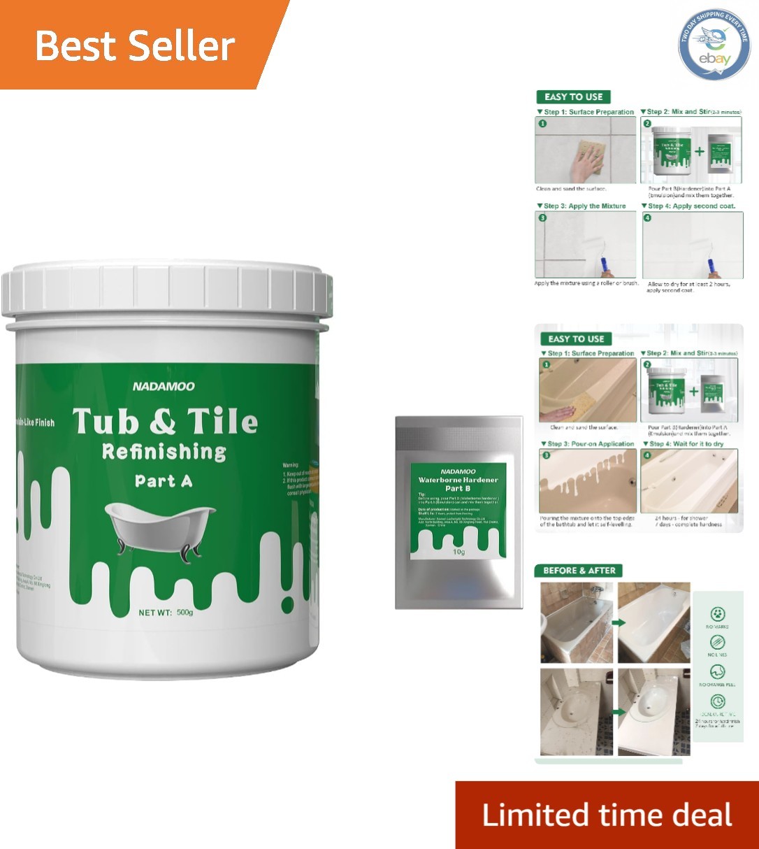 Effortless Tub & Tile Refinishing Kit – Low Odor, 500g Emulsion & 10g Hardener