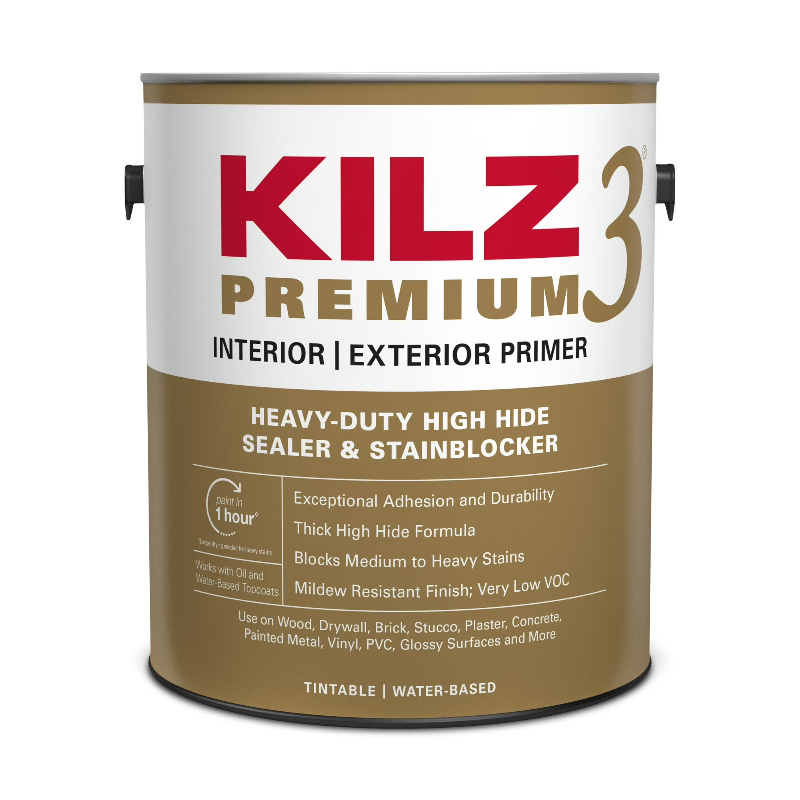 KILZ 3 Premium 1 Gallon Water-Based Primer, Interior Exterior Wall Ceiling