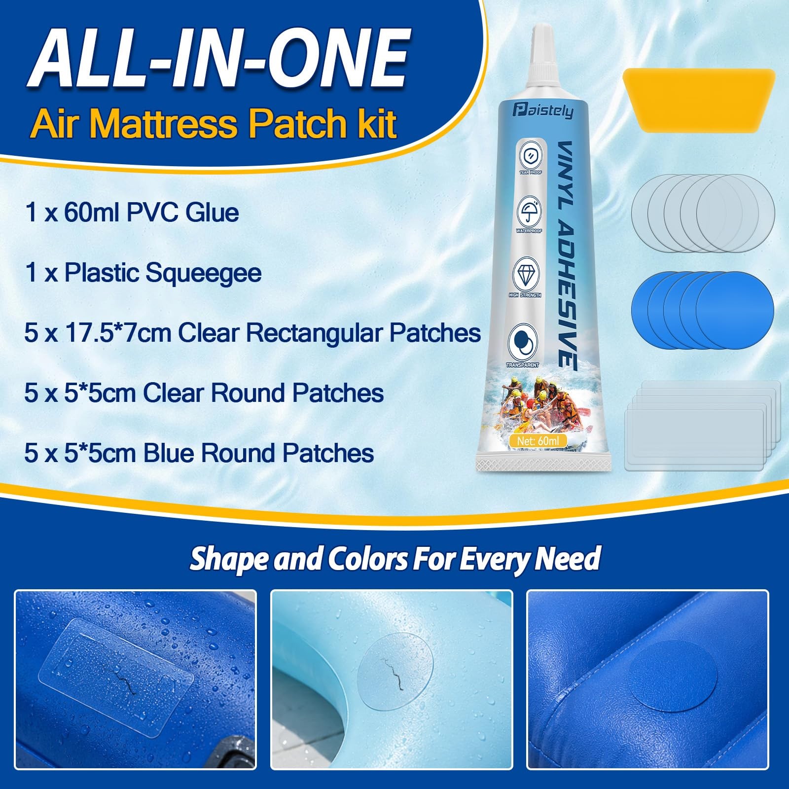 Air Mattress Patch Kit, Vinyl Pool Liner Repair 60ml, transparent