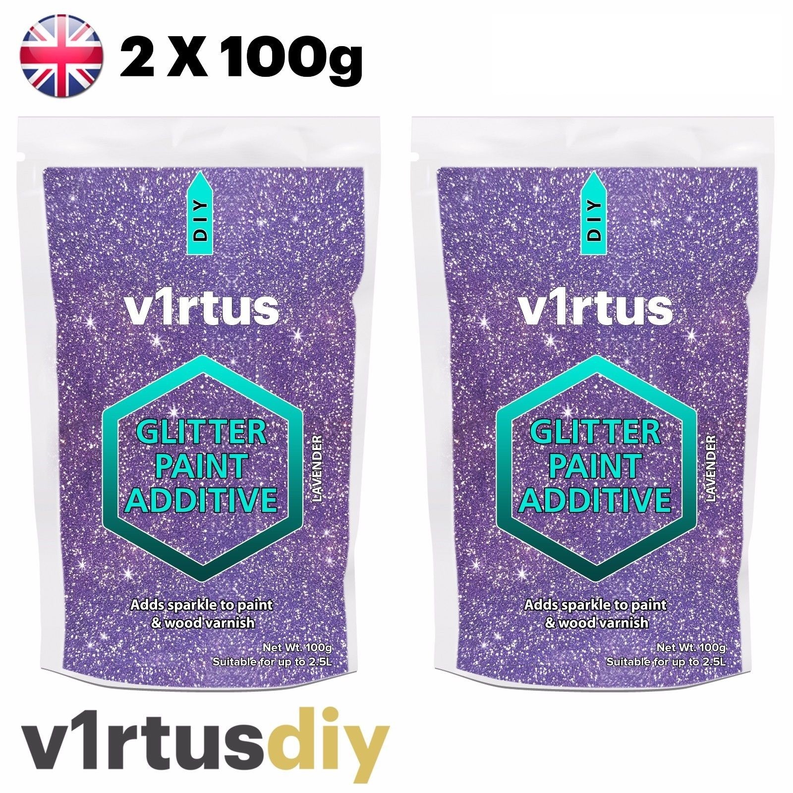 2 X v1rtus Lavender Purple Glitter Paint Additive 100g Emulsion Walls Ceilings