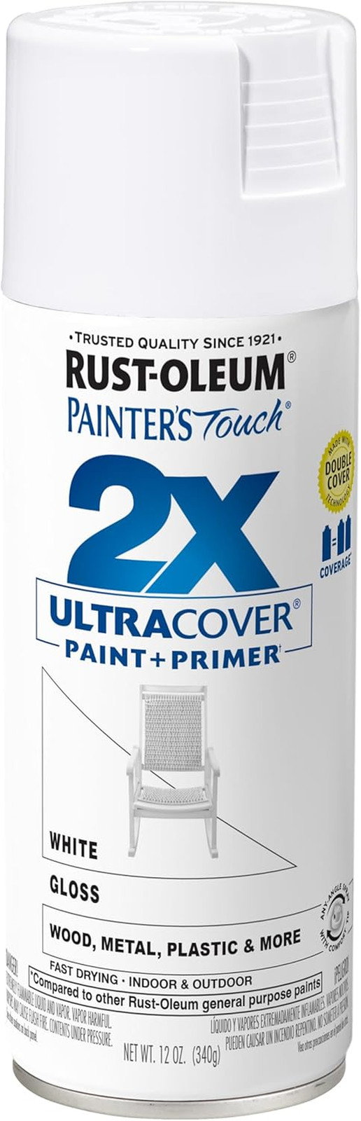 Rust-Oleum 334048 Painter’S Touch 2X Ultra Cover Spray Paint, 12 Oz, Gloss White
