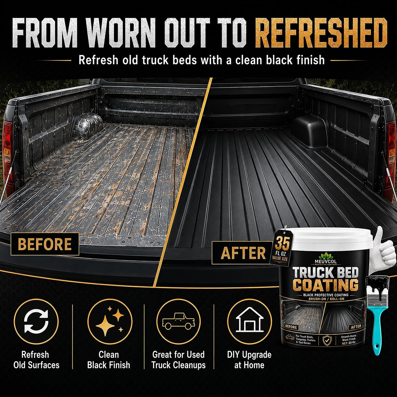 Meuvcol 35 Oz Black Truck Bed Liner Paint Brush Roll-On