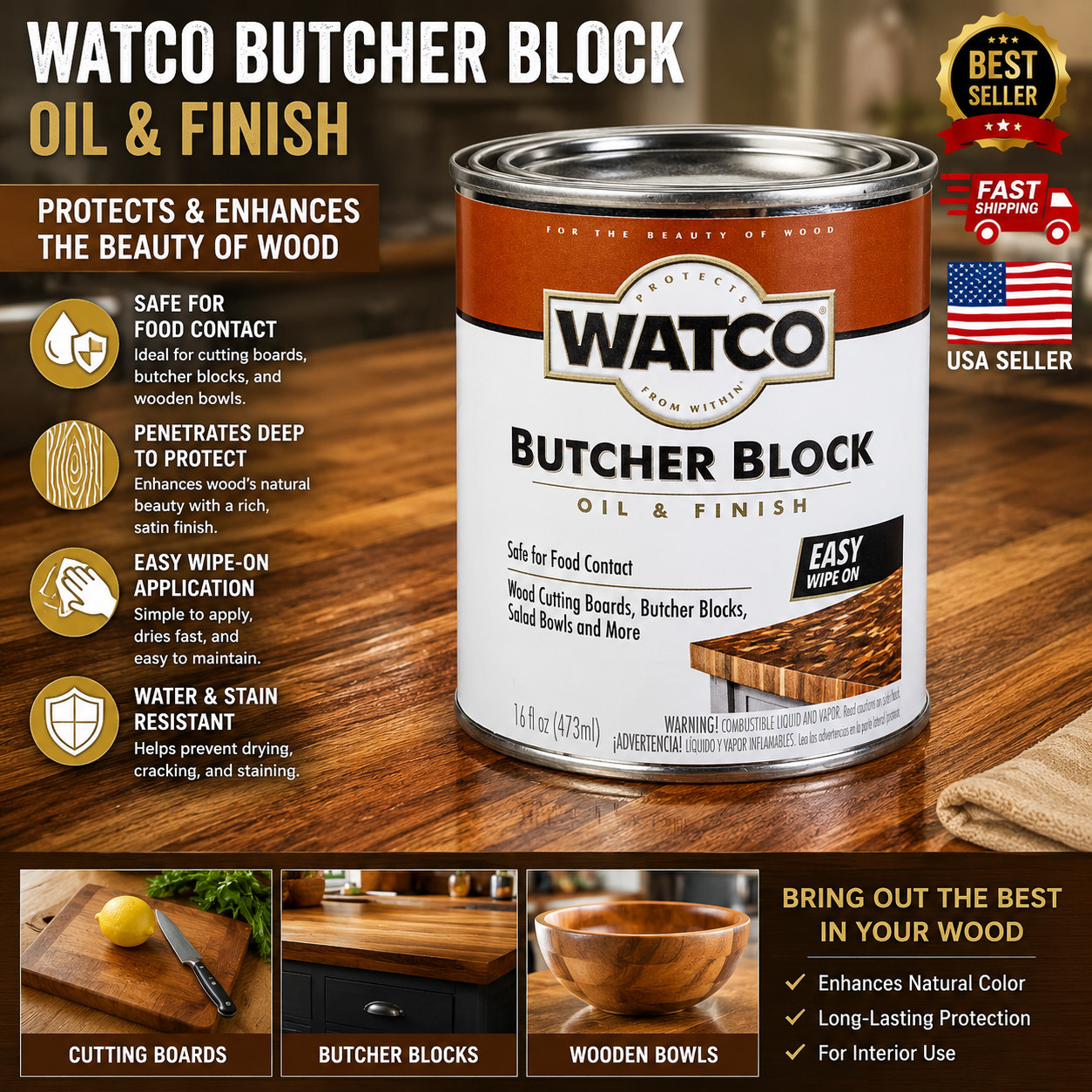 Rust-Oleum 66051H Butcher Block Oil Finish 1Pt Wood Countertop Sealer