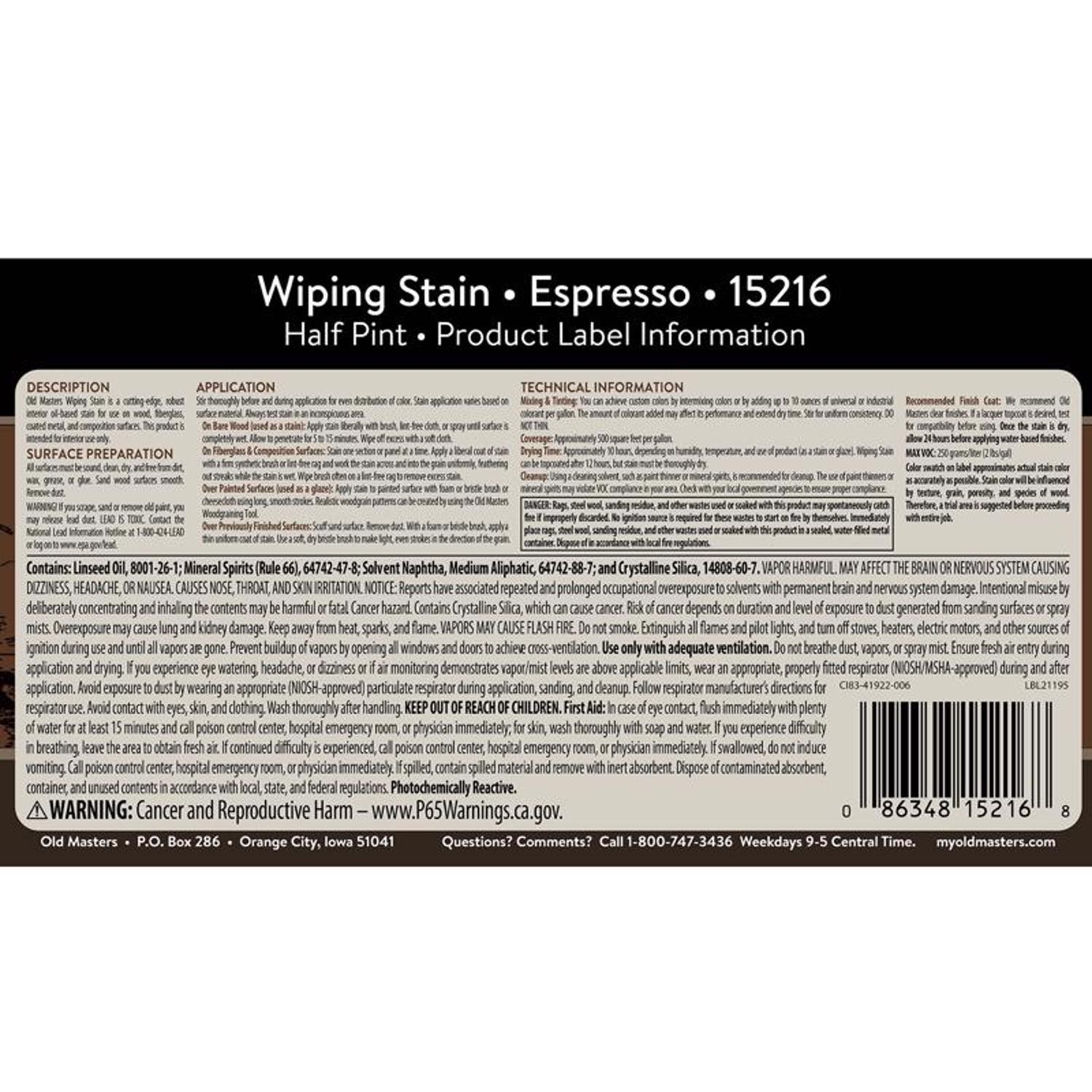 Old Masters 15216 Semi-Transparent Espresso Oil-Based Wiping Stain 1/2 Pint