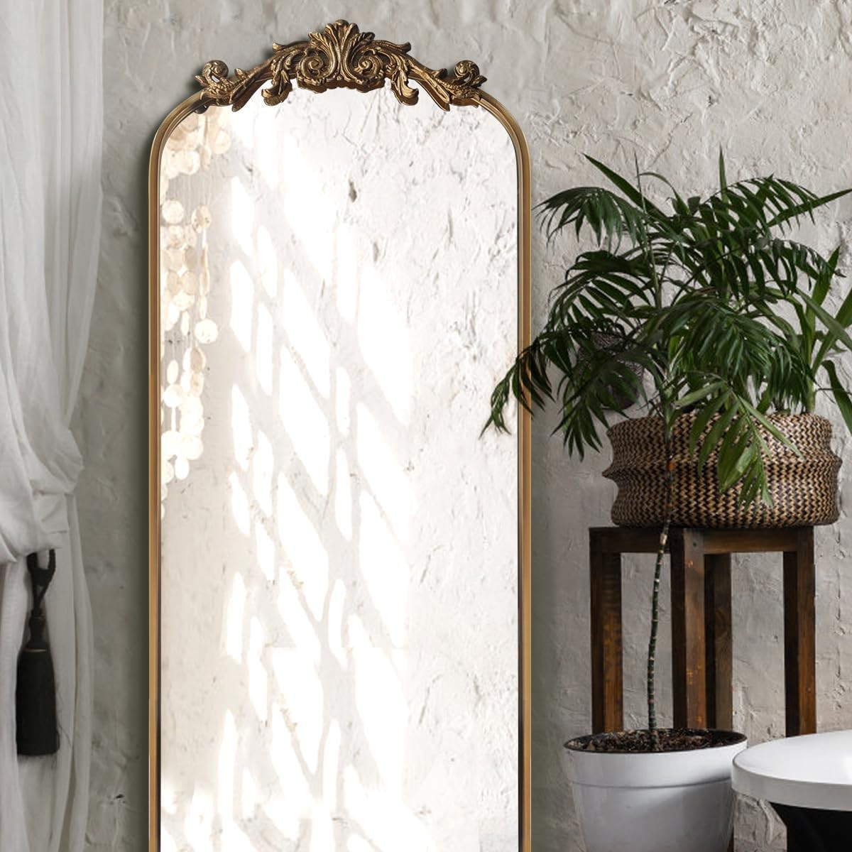 Large Gold Antique Mirror, Tall Arched Floor Mirror,Ornate Design Vintage Wall M
