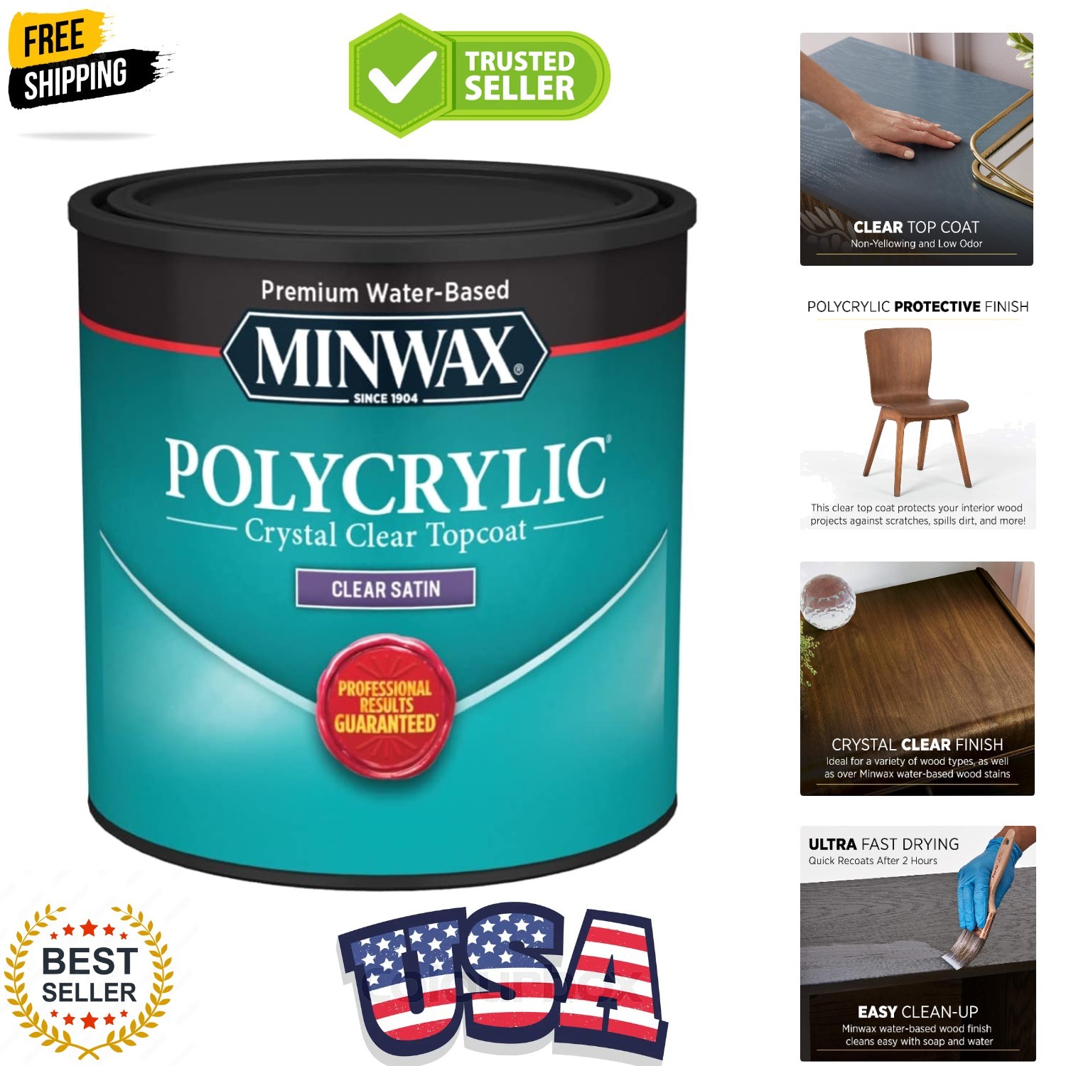 233334444 Polycrylic Protective Wood Finish, Clear Satin, ½ Pint