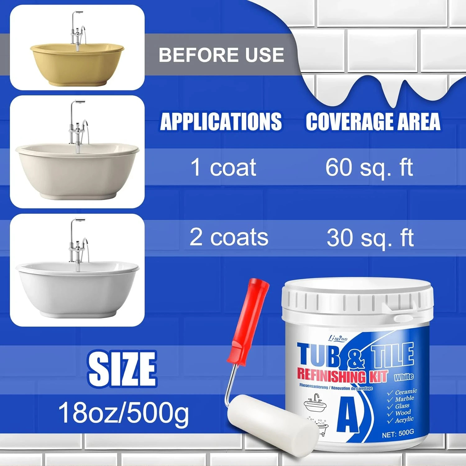 Tub and Tile Refinishing Kit – 17Oz Semi-Gloss White Tile Paint with Tools for B