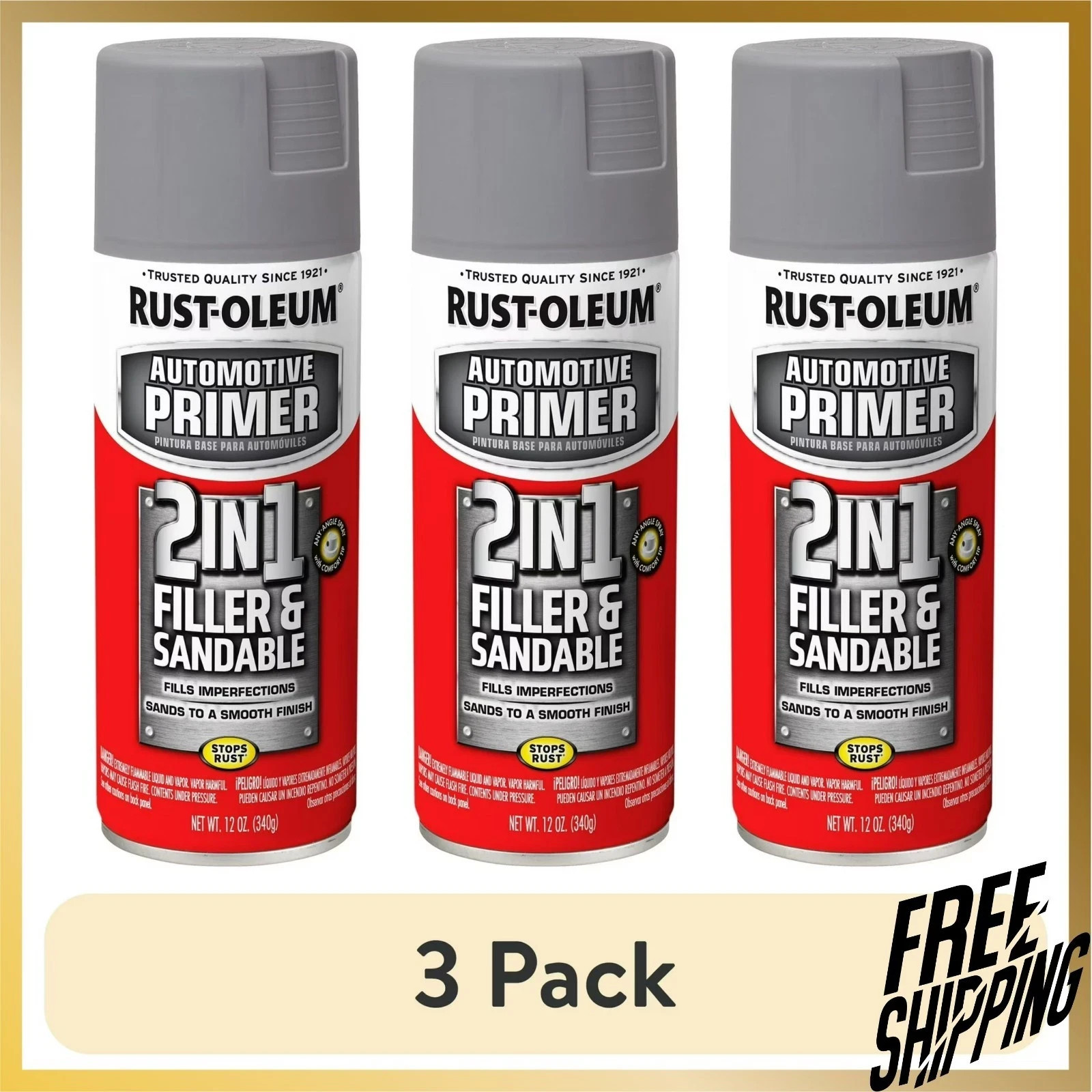 3 Pack Rust-Oleum Automotive 2 in 1 Filler Sandable Primer Spray Paint 12oz Gray