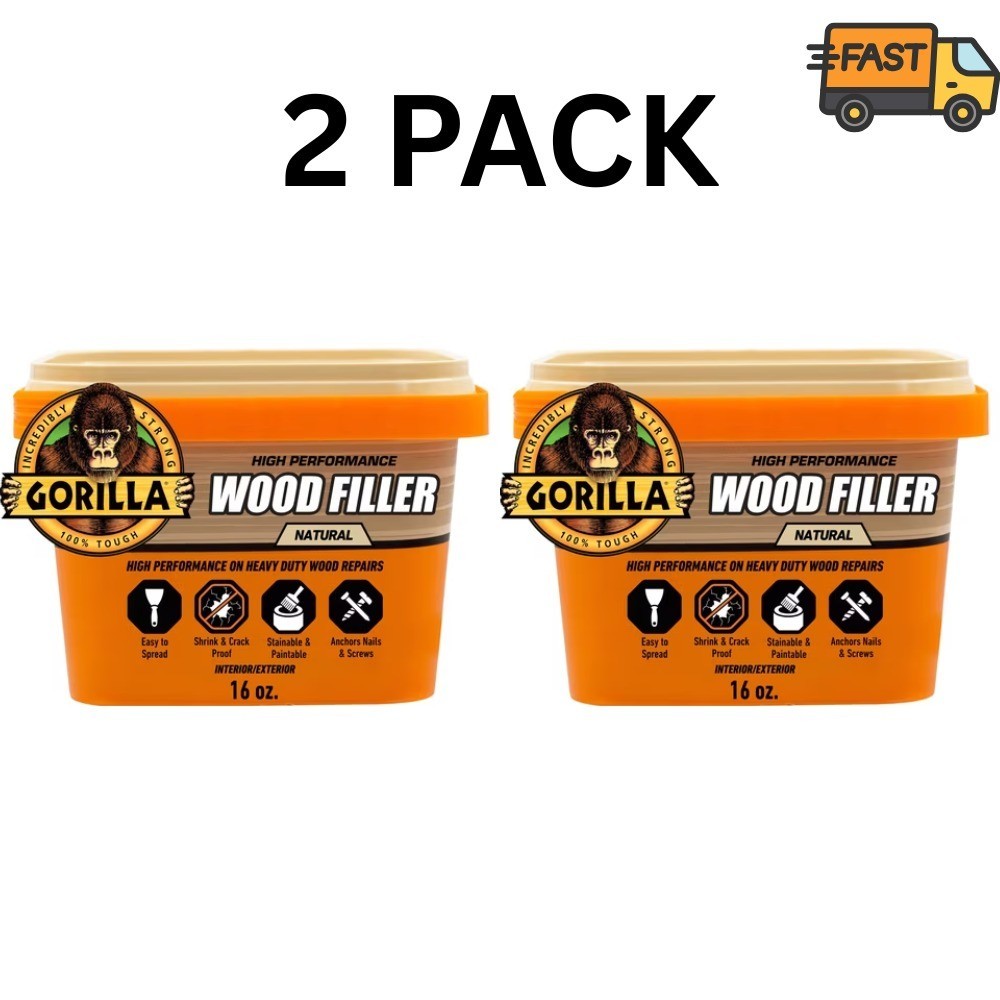 2 Pack Gorilla Wood Filler Natural Finish 16 oz Interior Exterior Repair