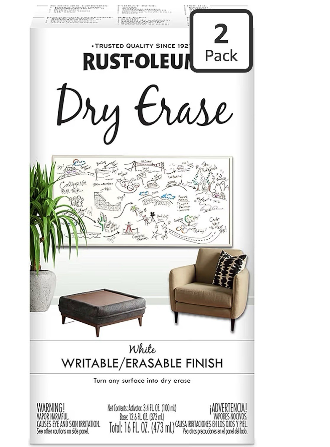 2 Rust-Oleum Dry Erase Kit Writeable Erasable Finish! Walls, Doors More 16 FL Oz