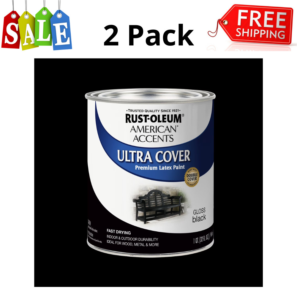2 Pack Rust-Oleum Painter’s Touch Black Gloss Latex Paint, Ultra Cover, 1 Quart
