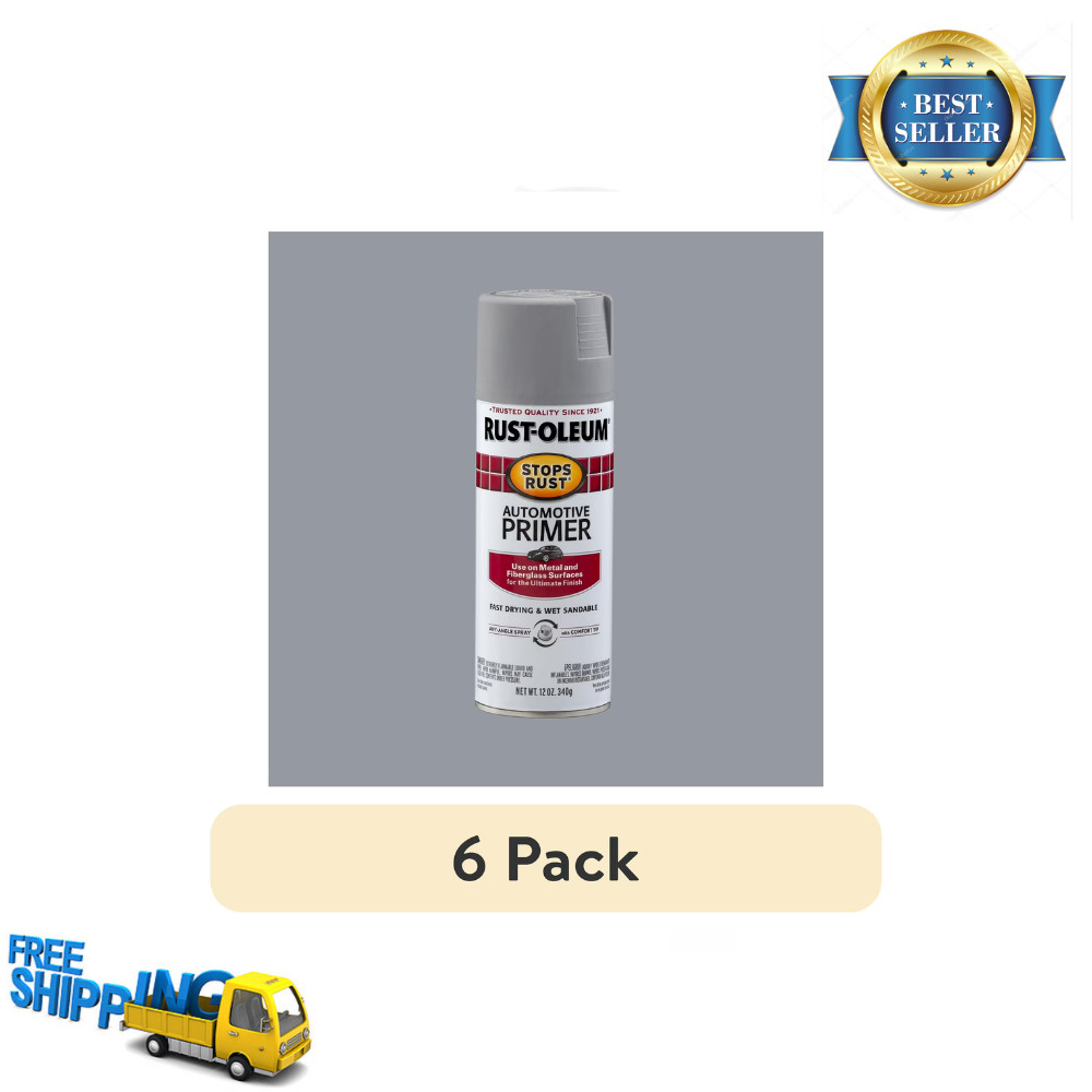 6 Pack Rust-Oleum Stops Rust Automotive Primer, Light Gray Flat 12oz Spray Paint