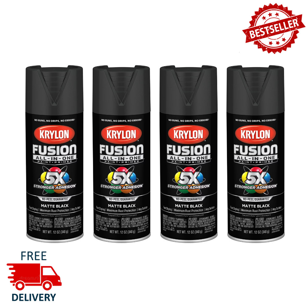 4 Pack Krylon Fusion All-In-One Matte Black Spray Paint 12oz Multi-Surface DIY