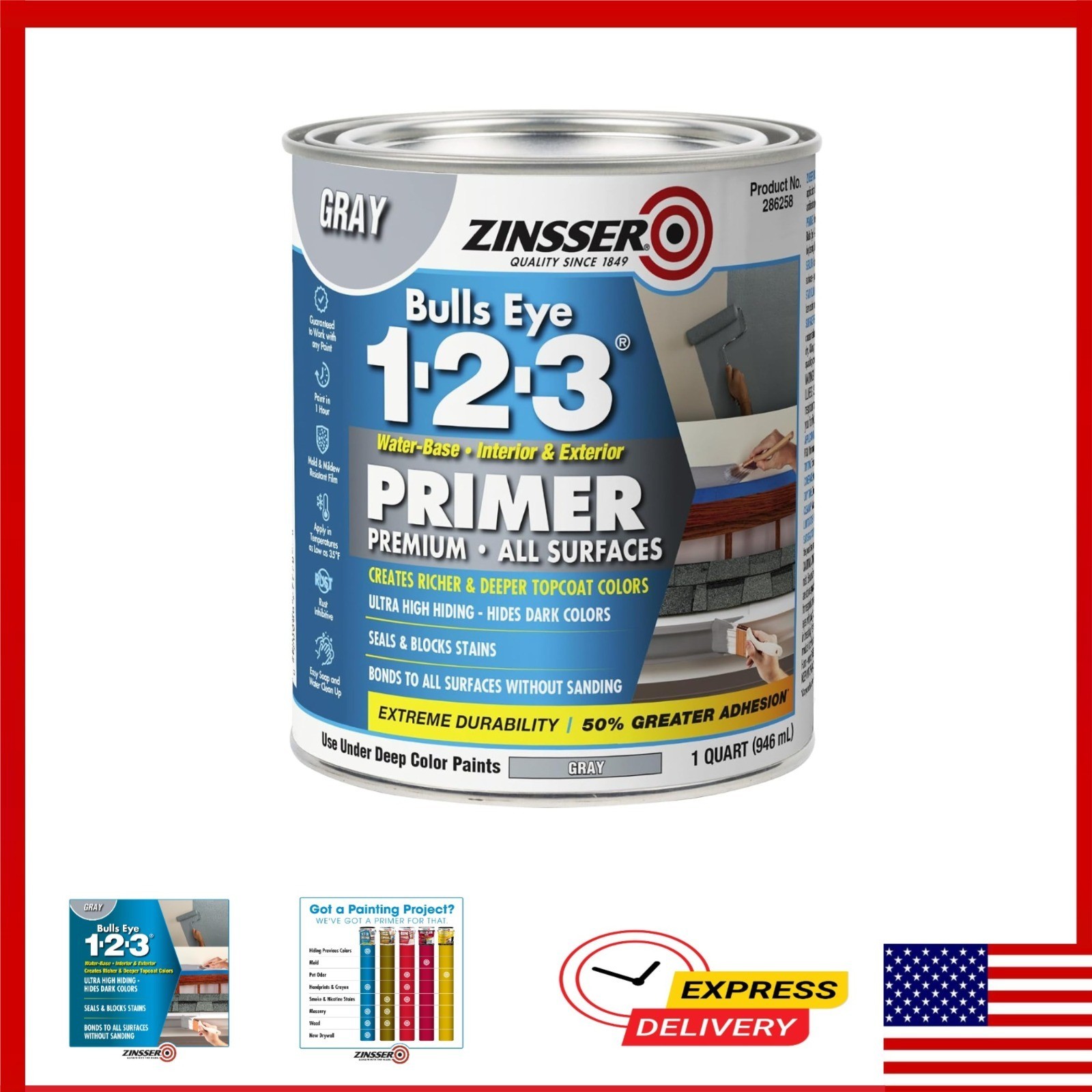 Zinsser Bulls Eye 1-2-3 All Surface Primer, Quart, Gray