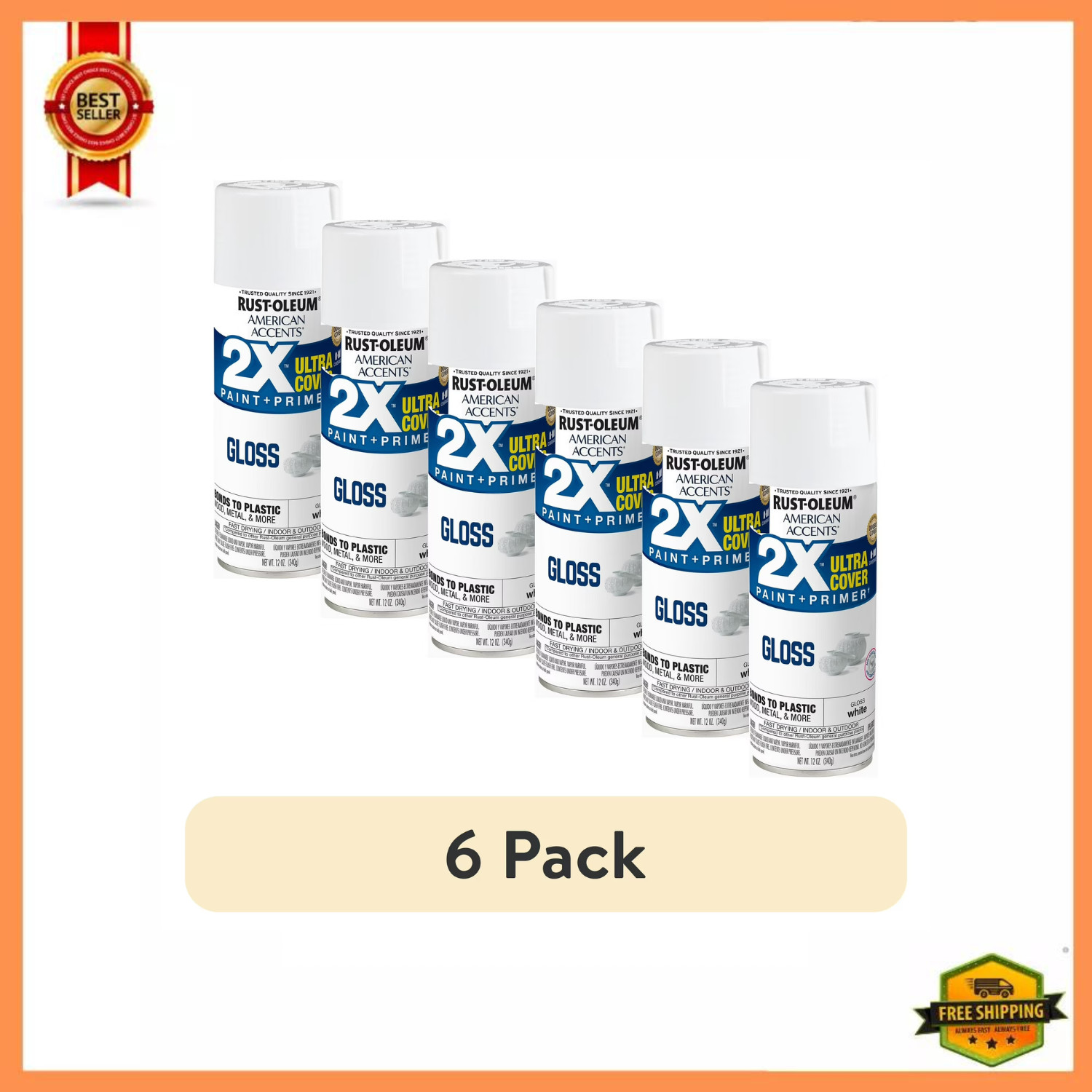 Rust-Oleum American Accents 2X Ultra Cover Gloss White Spray Paint 12 oz 6 Pack