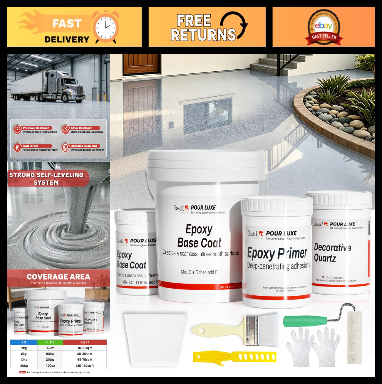 Epoxy Floor Paint Kit with Colored Sand – Non-Slip Marble Finish, Self-Leveling,