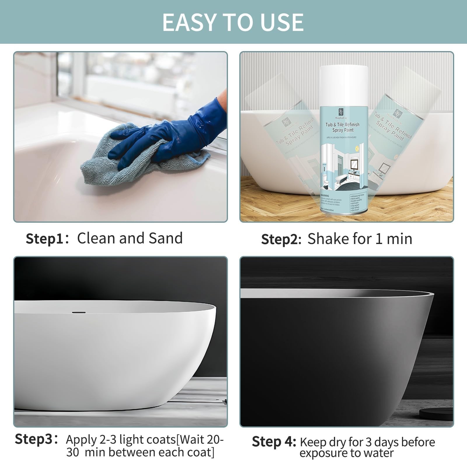 Black Bathtub and Tile Refinishing Spray Paint Kit, 450ml (2 Pack), tub and tile