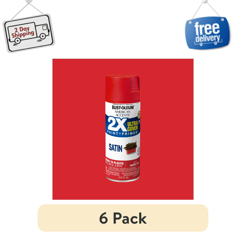 6pk Apple Red Rust-Oleum American Accents 2X Ultra Cover Satin Spray Paint, 12oz