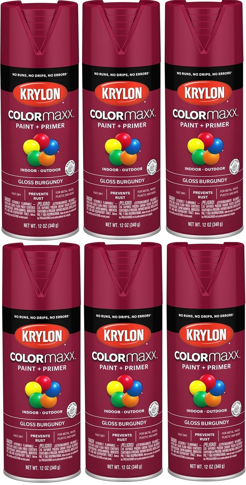 Krylon ColorMaxx K05508007 12 oz Gloss Burgundy Spray Paint + Primer – 6 Pack