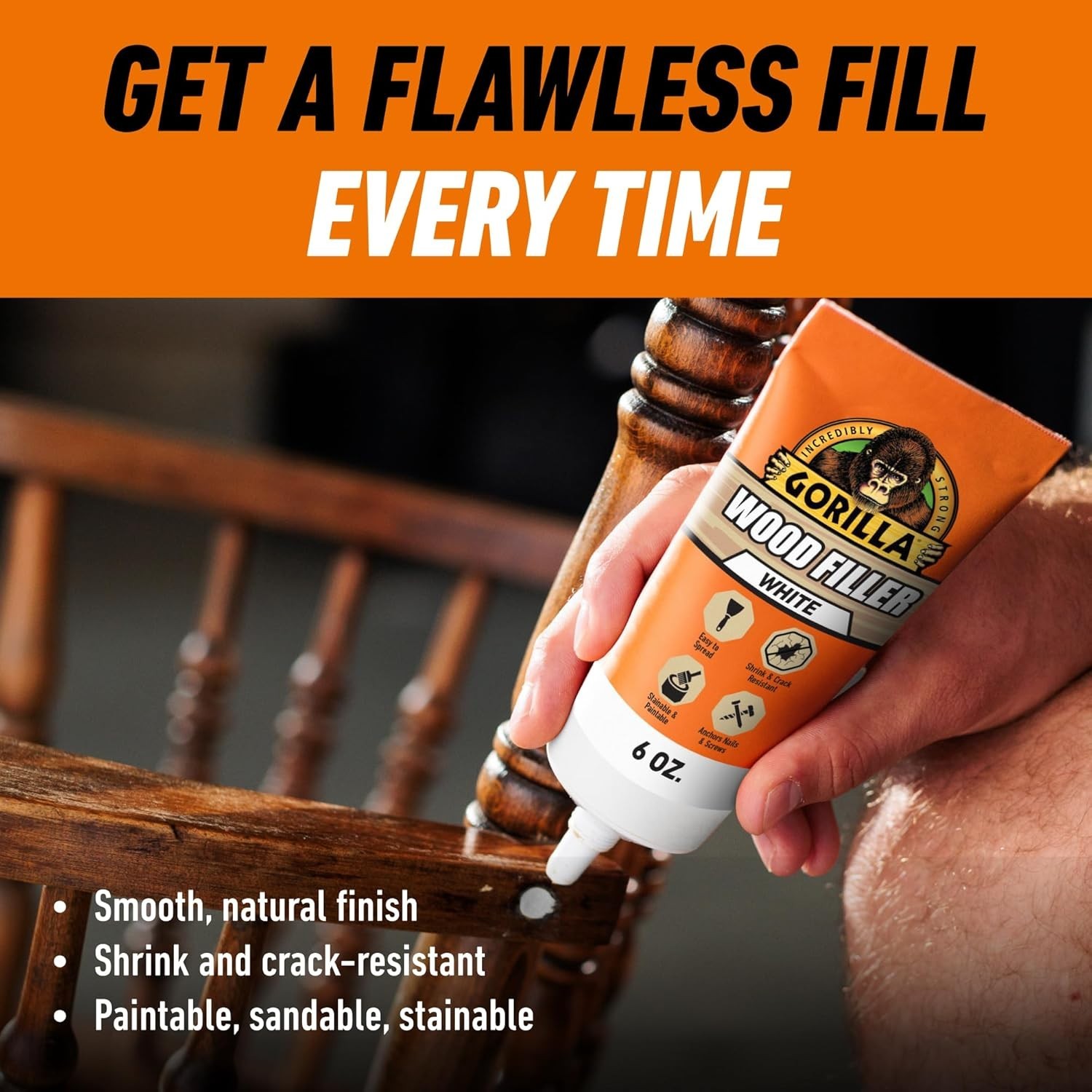 Gorilla All Purpose Wood Filler, Water Resistant White Wood Putty Repair, 6 Oz