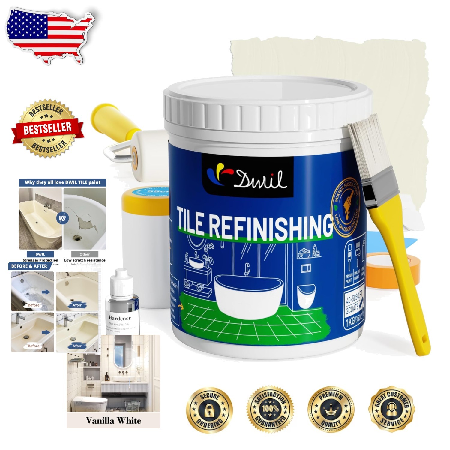 Tub Paint Kit – Vanilla White, Low Odor Acrylic Refinishing for Bathtub & Tile