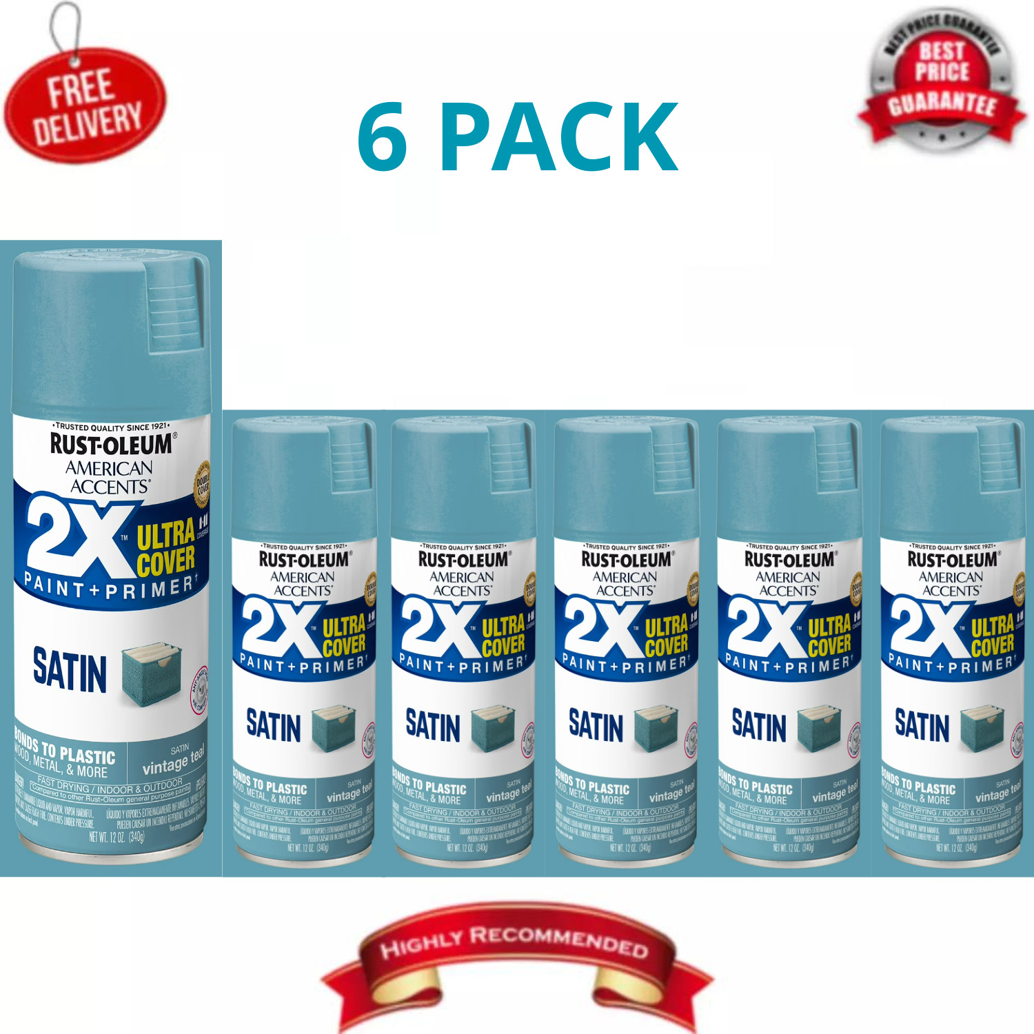 Rust-Oleum Vintage Teal Satin Spray Paint 2X Ultra Cover 12oz, 6 Pack