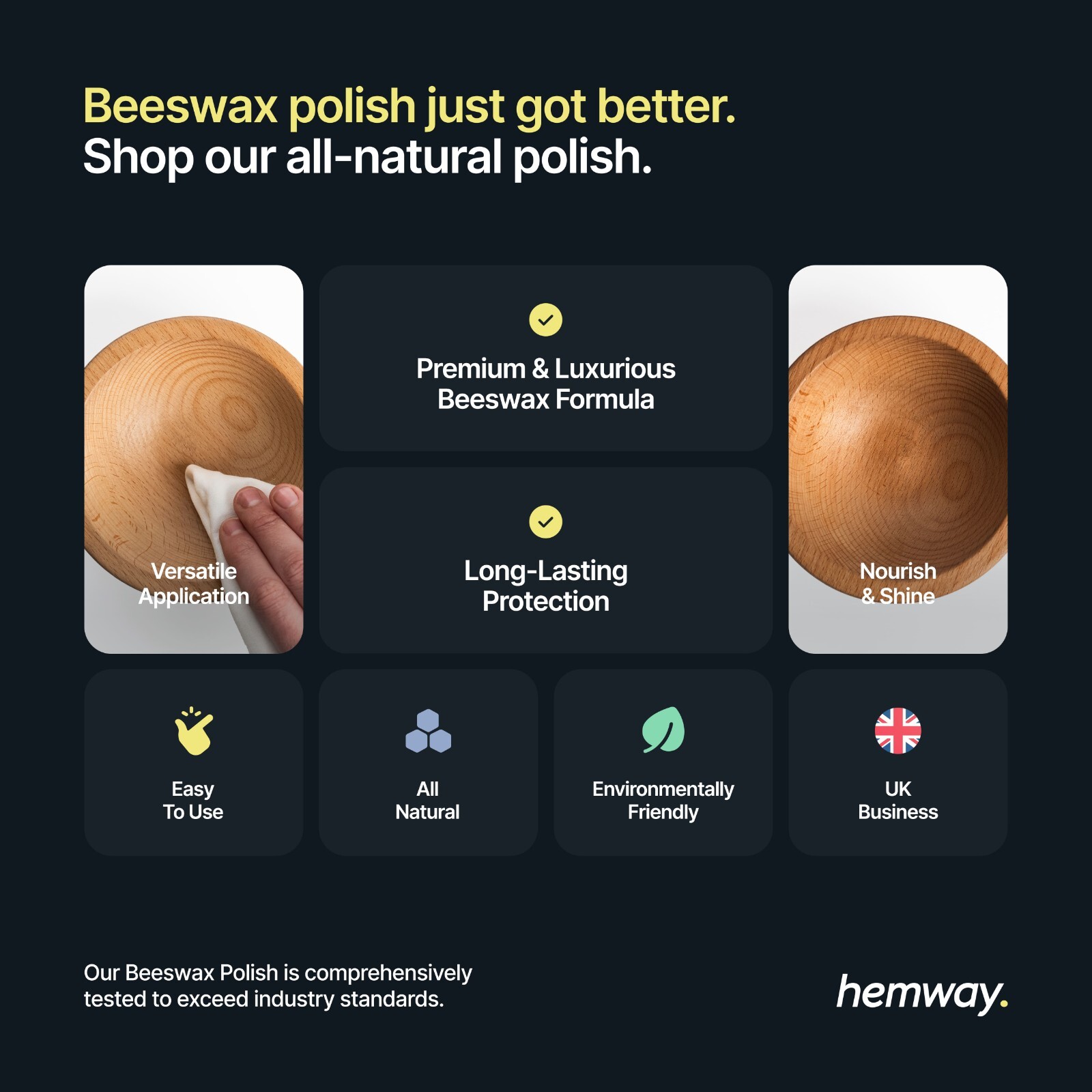 Hemway Premium Natural Beeswax Clear Furniture Polish 200ml & 2 Lint-Free Cloths