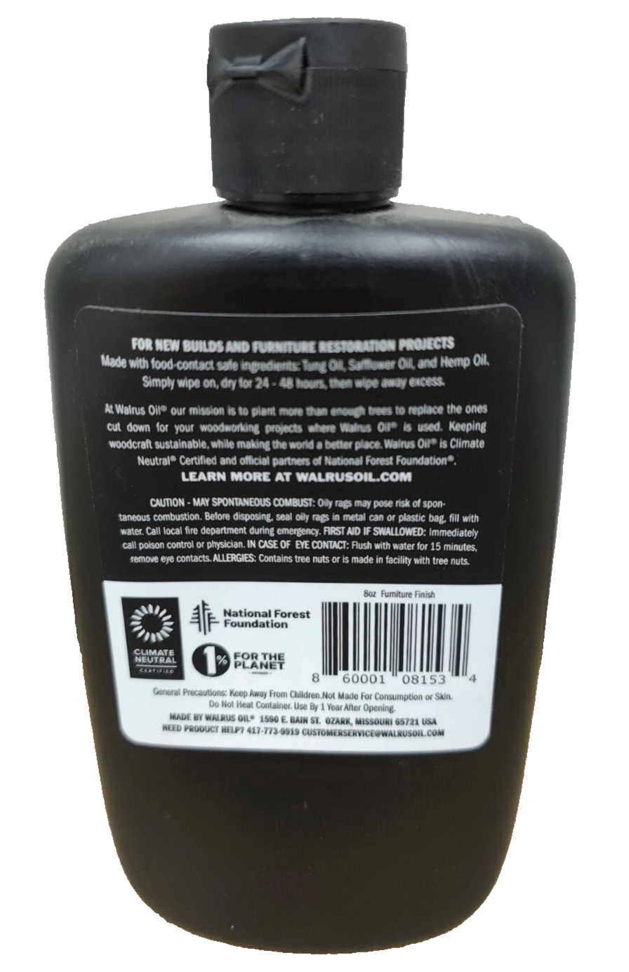 Walrus Oil – Furniture Finish, Polymerizing Safflower Oil, Tung Oil, Hemp 8oz