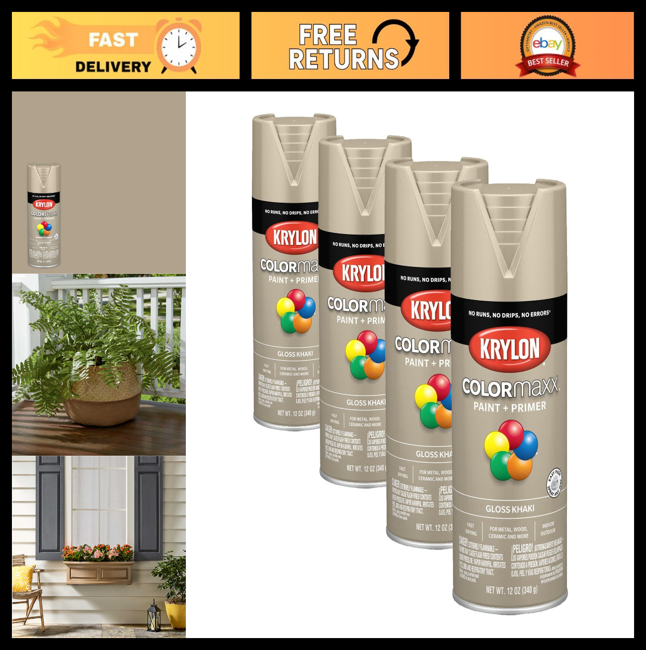 Spray Paint and Primer for Indoor/Outdoor Use, Gloss Khaki, 12oz, 4-Pack