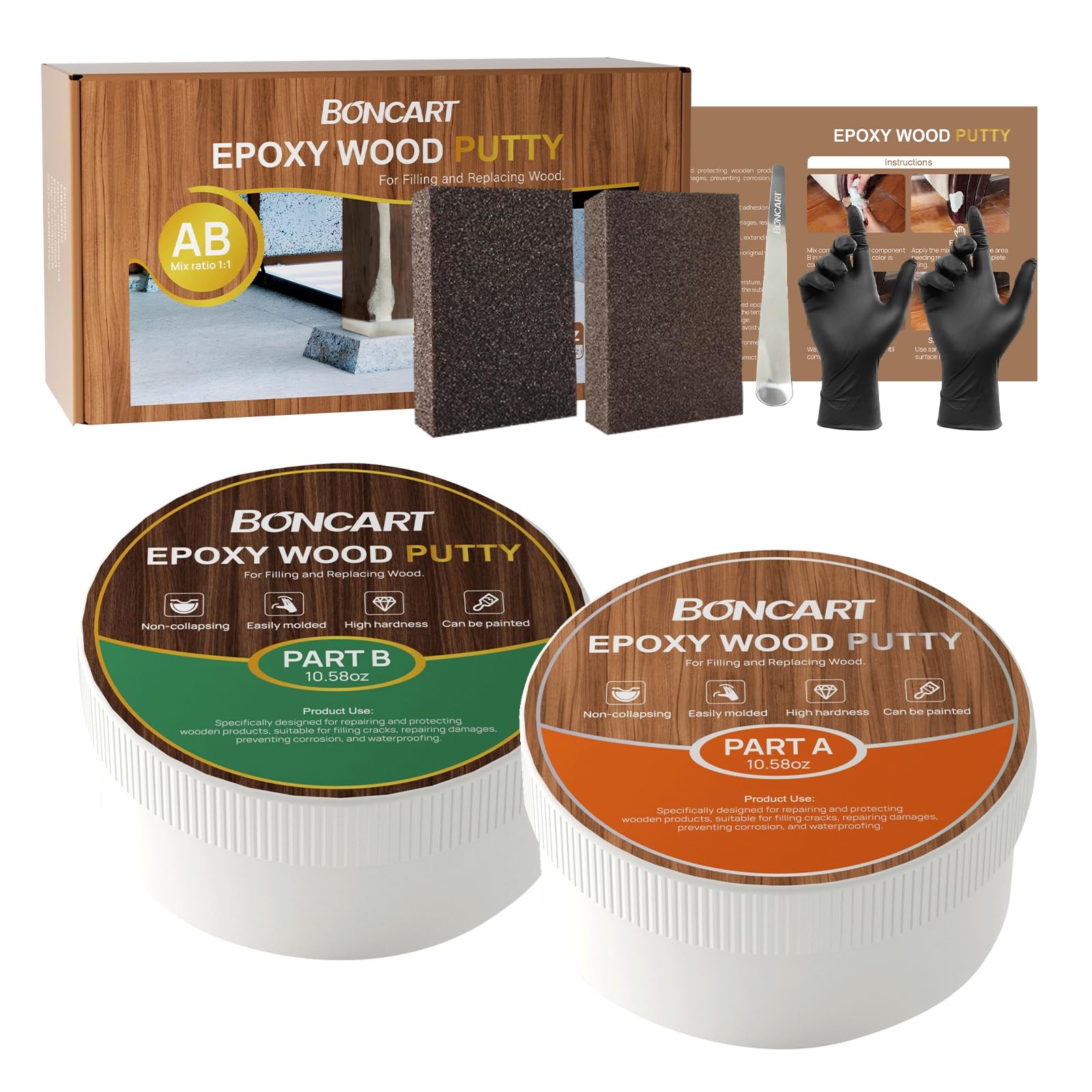 Boncart Epoxy Wood Putty, High Strength Filler Stainable Dark Brown