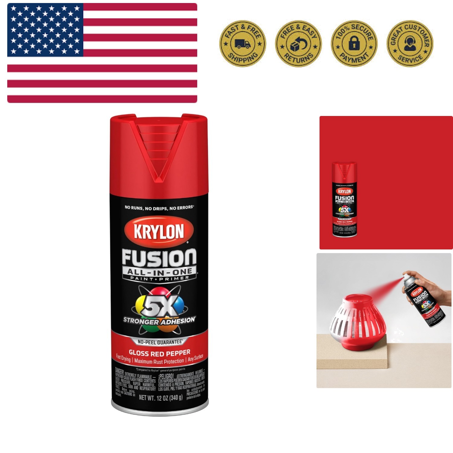 Fusion All-In-One Adhesive Spray Paint for Indoor/Outdoor Use, 12 oz, Red Pepper