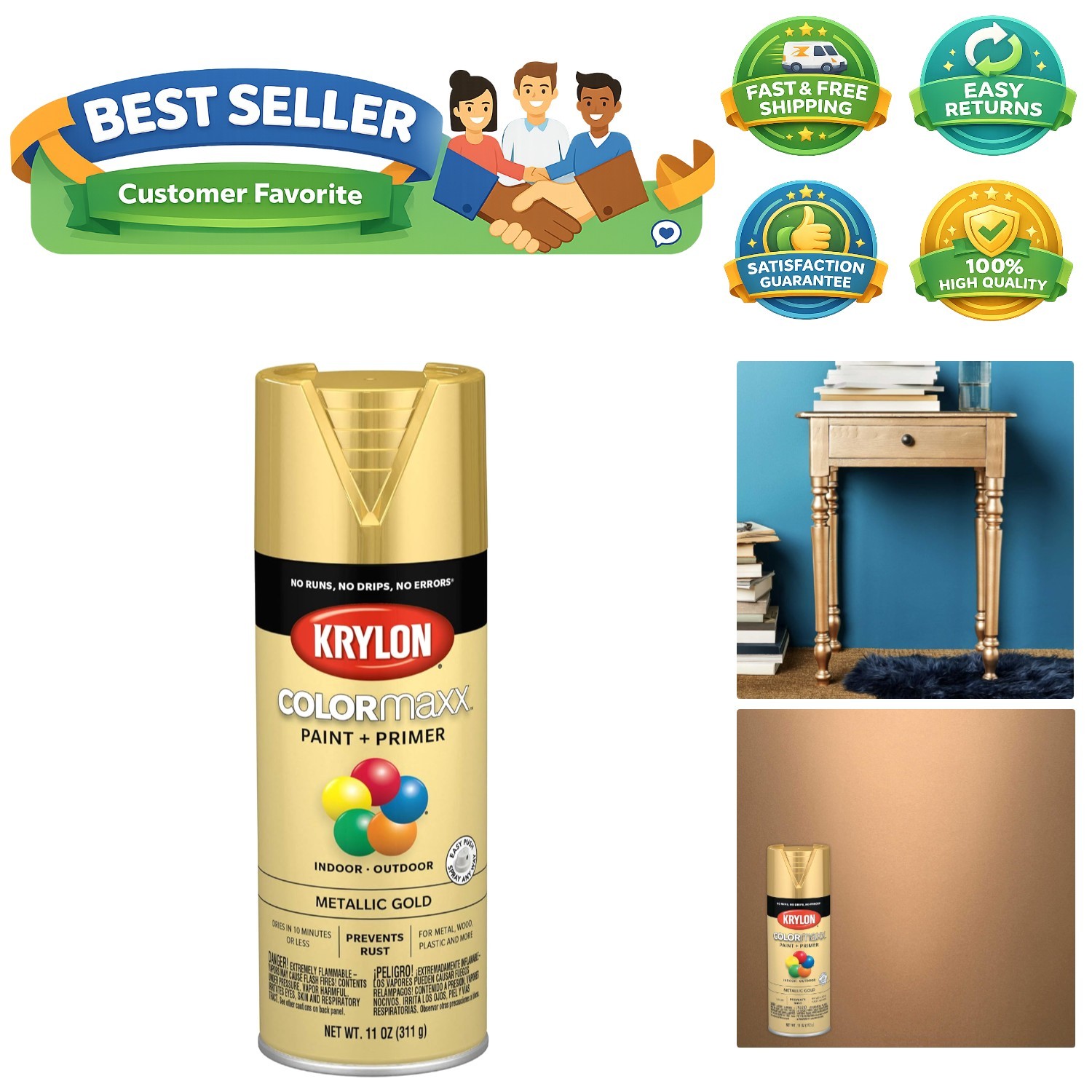 K05588007 COLORmaxx Spray Paint and Primer for Indoor/Outdoor Use, Metallic G…