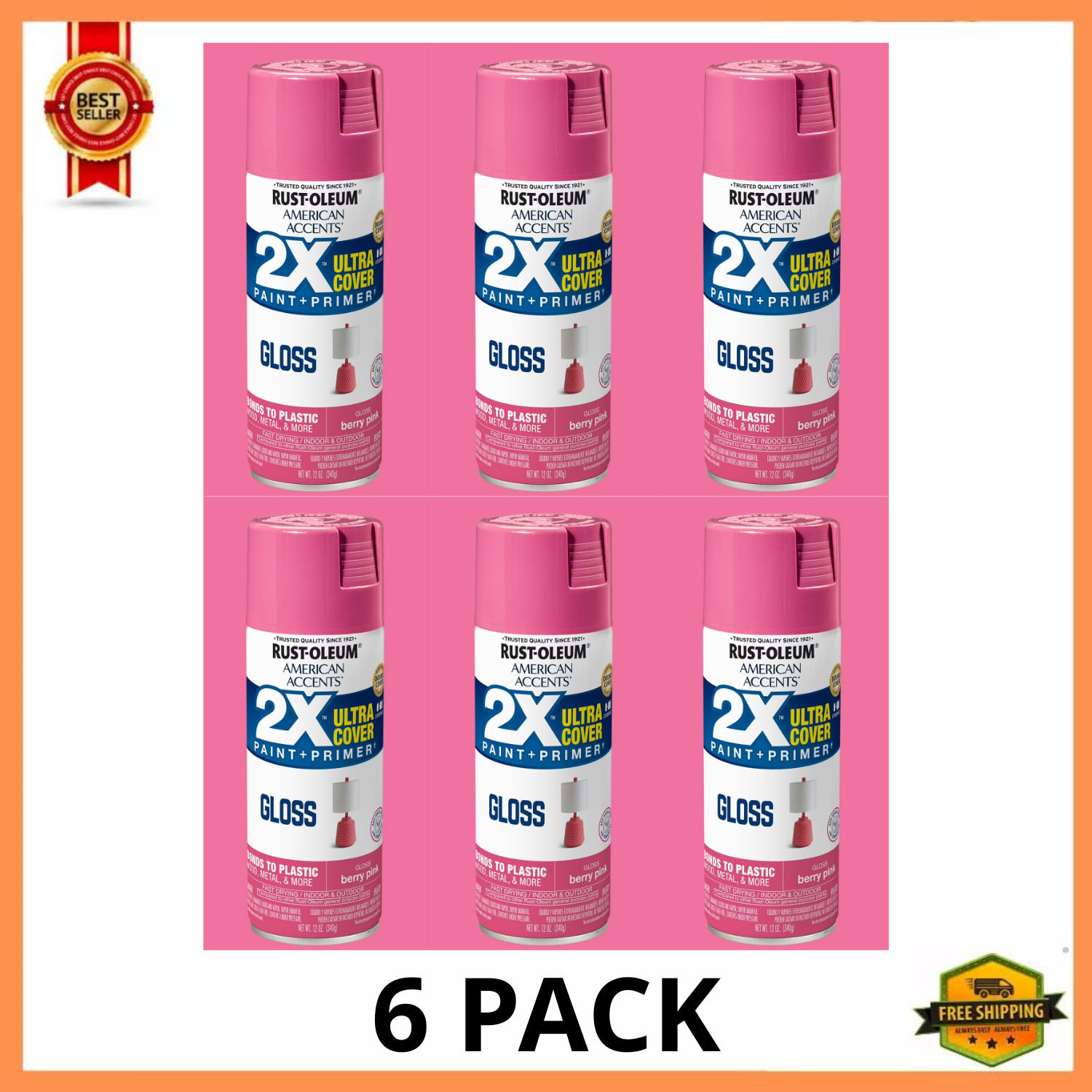 Rust-Oleum American Accents 2X Gloss Spray Paint Berry Pink 12 oz, 6 Pack