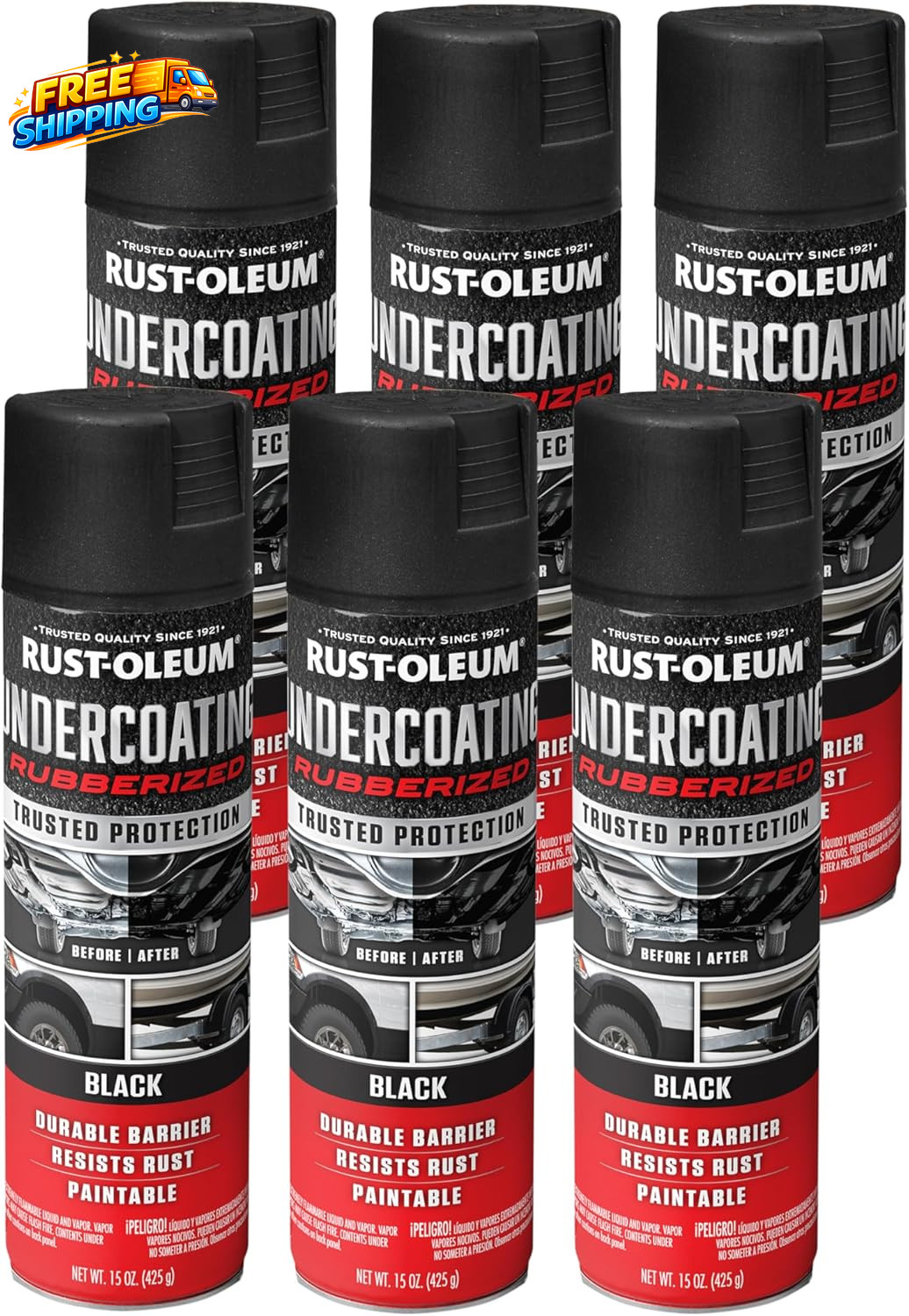 248657 6PK Stops Rust Undercoating Spray 15 Oz Rubberized Black 6 Pack