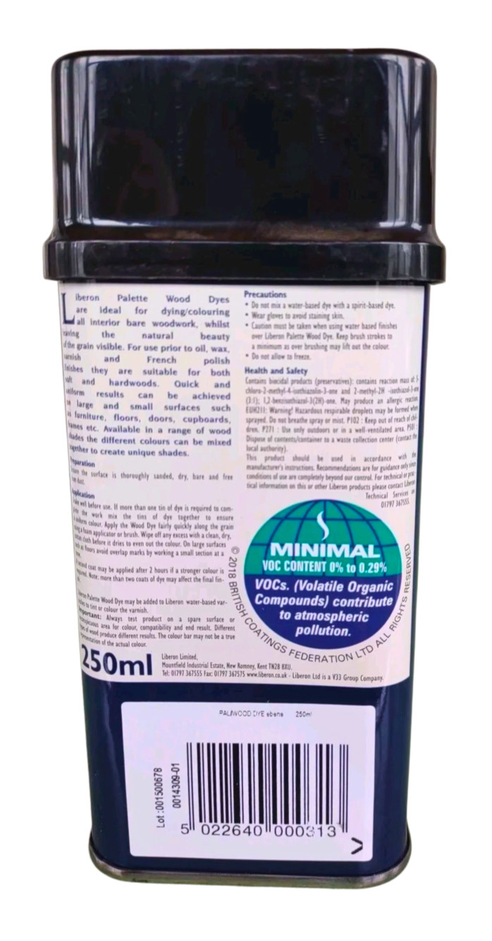 Liberon Palette Wood Dye Ebony 250ml Water-Based for Wood Floors Furniture