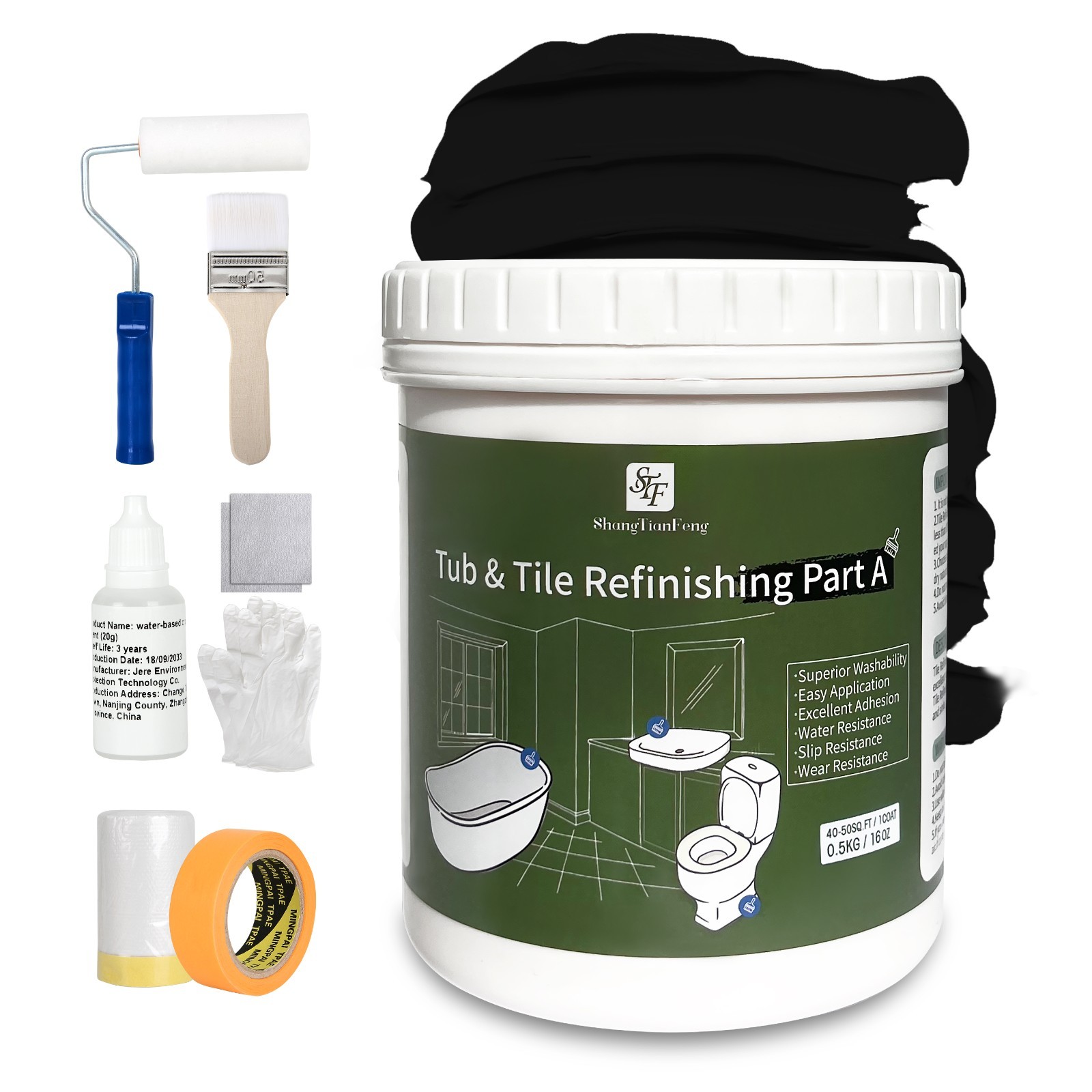 Black Tub and Tile Refinishing Kit, Bathtub Sink Countertop DIY Paint Kit, 16oz