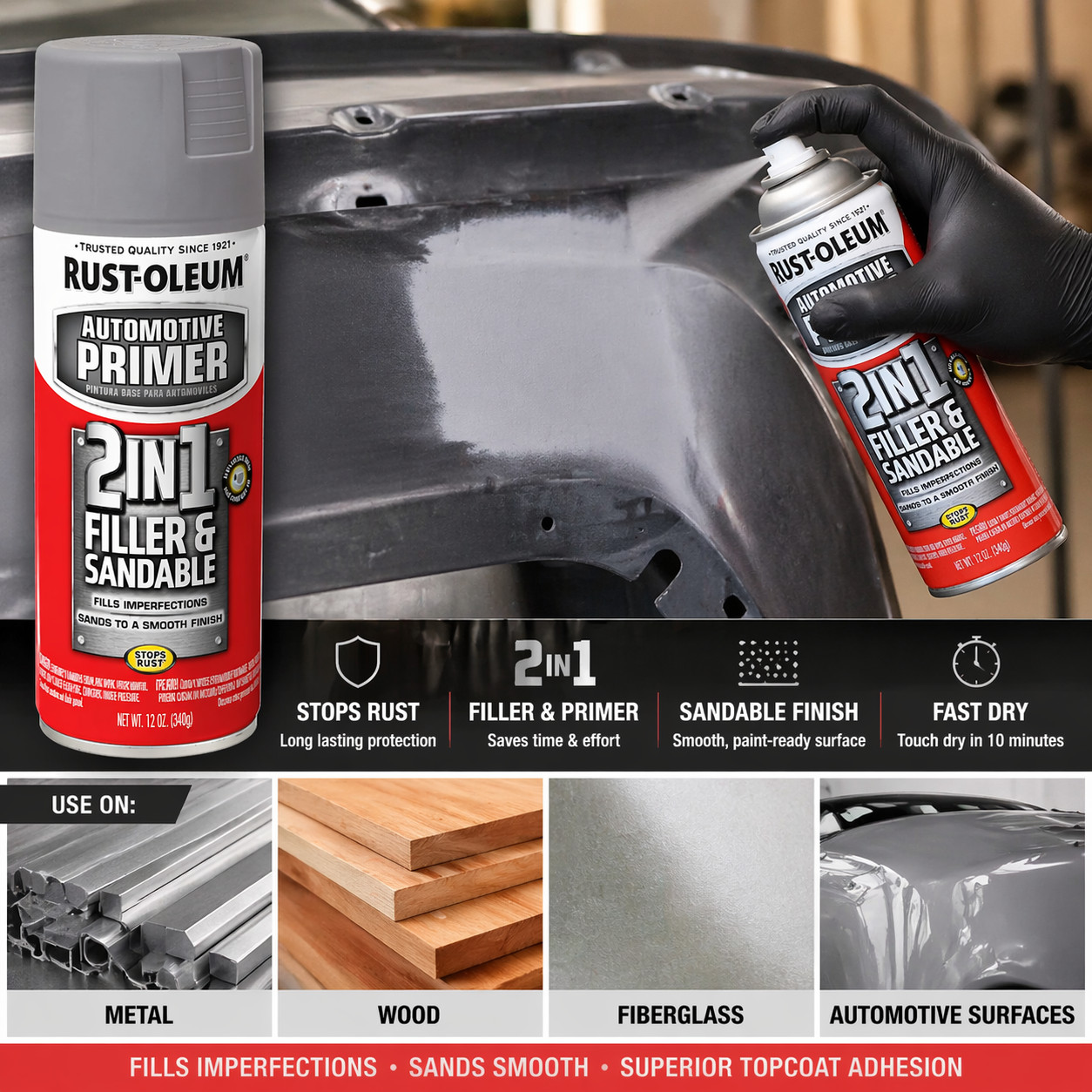 Rust-Oleum 2in1 Filler Primer Spray Gray Sandable Auto Metal Fast Dry Aerosol