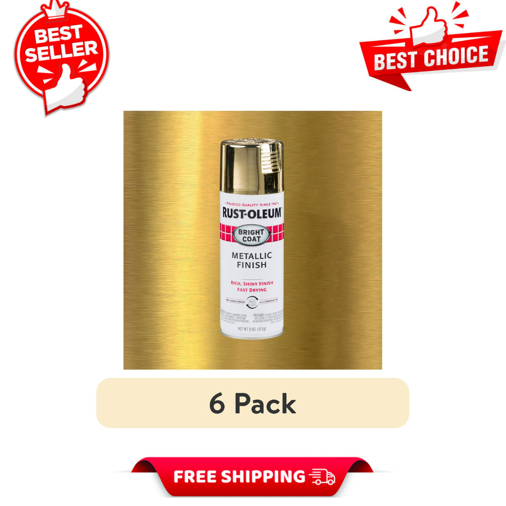 6pk Gold, Rust-Oleum Stops Rust Bright Coat Metallic Spray Paint-7710830, 11 oz