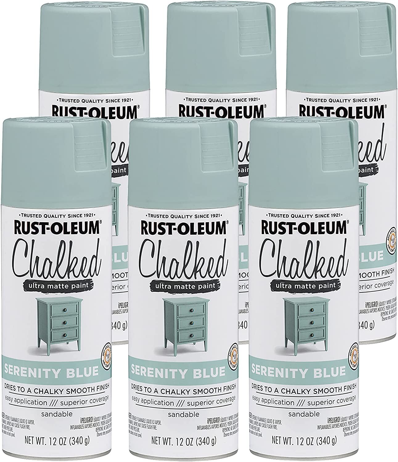 Rust-Oleum 302595 Chalked Ultra Matte Spray Paint, 12oz Pack of 6, Serenity Blue