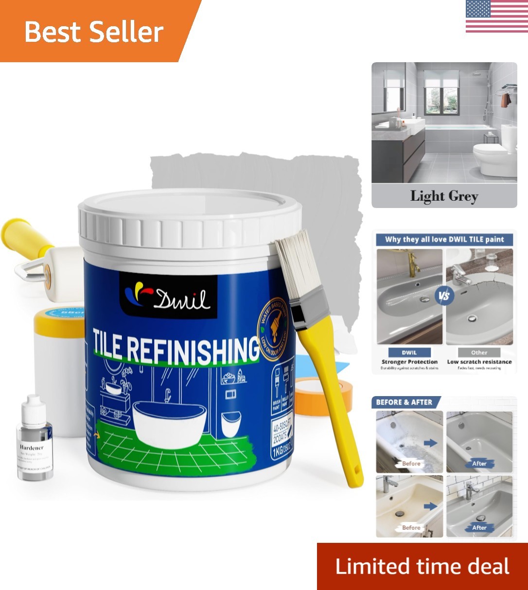Semi-Gloss Light Grey Tub Paint Kit with Tools for Quick Bathroom Makeovers