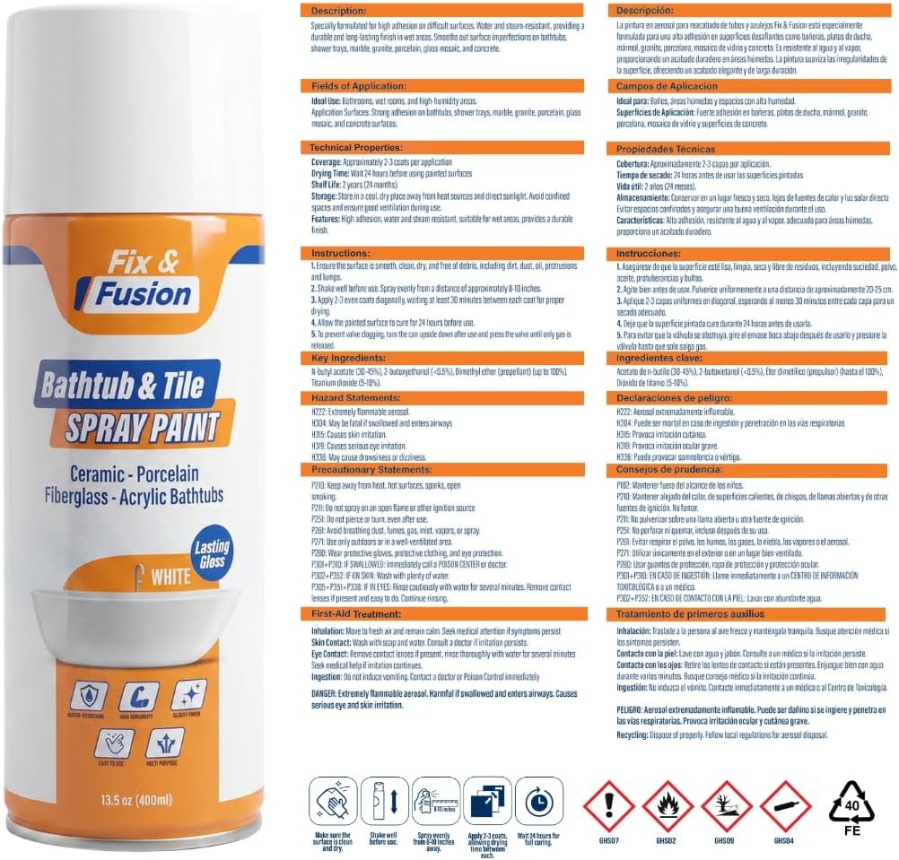 FIX & FUSION Bathtub & Tile Spray Paint, High Adhession Water Resistant, 13.5 oz